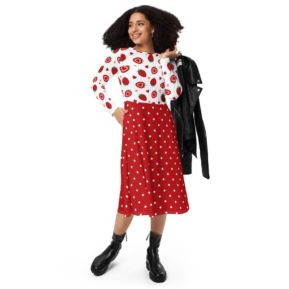 Strawberry Heart Long Sleeve Pin Up Dress - Picture 8 of 12